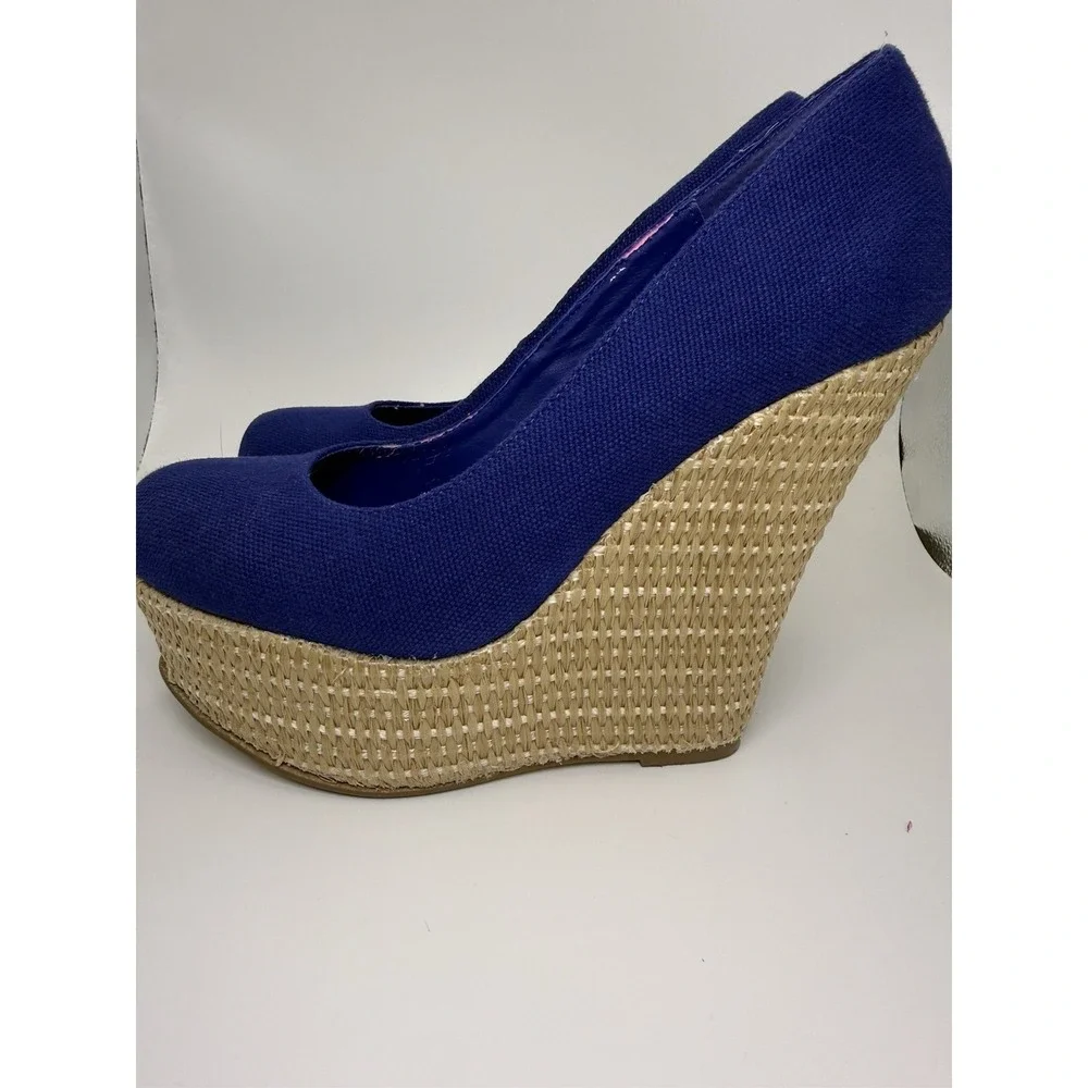 Steve Madden Pamelaa Blue Canvas Espadrille Wedge Heels Size 6.5M Platform